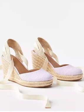 LOFT NWT Lavender Cloud Stripe Espadrille Wedge with Cream Ankle Ties